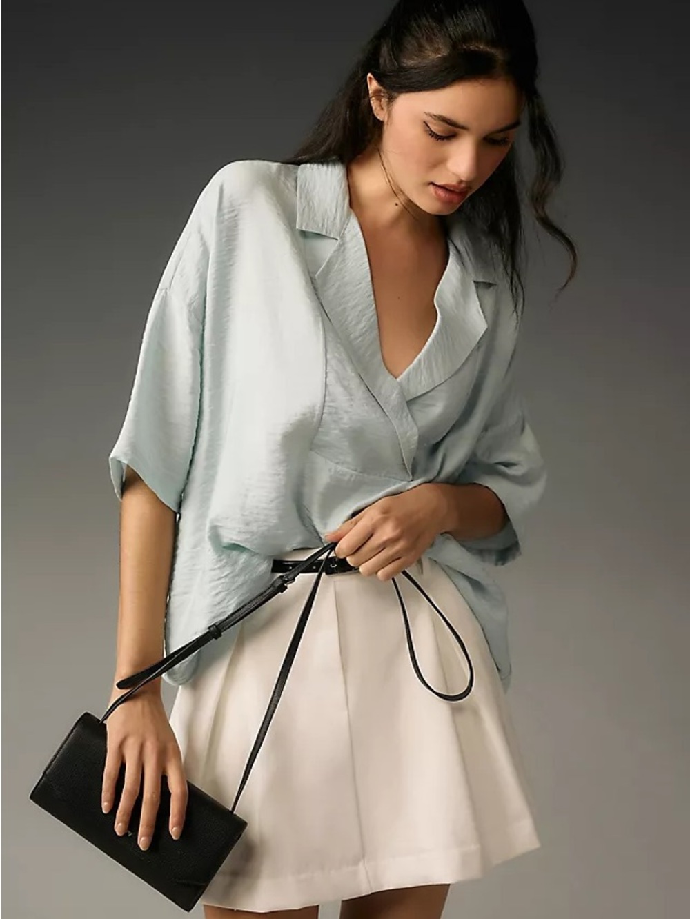 Anthropologie Dylon Wide Placket Boxy Blouse Light Blue Size Large